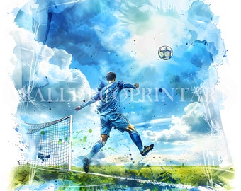 May include: A watercolor painting of a soccer player kicking a ball in the air. The player is wearing a blue jersey and shorts. The background is a blue sky with white clouds. There is a soccer goal in the foreground.