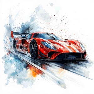 K&ouml;nnte beinhalten: Ein rotes Rennwagen mit wei&szlig;en Streifen rast &uuml;ber eine Rennstrecke. Das Auto ist von einem Aquarelleffekt umgeben, der ein Gef&uuml;hl von Bewegung erzeugt.