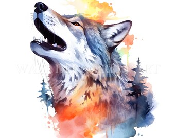 Howling Wolf Clipart Bundle - 13 High Quality JPGs - Digital Downloads - Commercial Use, Watercolor, Mixed Media, Digital Paper Craft