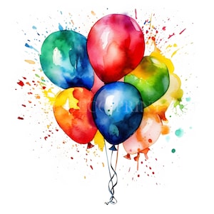 Clipart ballons colorés de fête - 10 fichiers JPG de haute qualité - téléchargements numériques - usage commercial, aquarelle, techniques mixtes, créations numériques en papier
