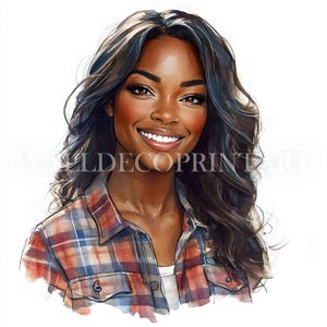 11 Ragazza nera in camicia a quadri Clipart - JPG di alta qualità - Download digitali - Uso commerciale, acquerello, tecniche miste, arte murale artigianale in carta