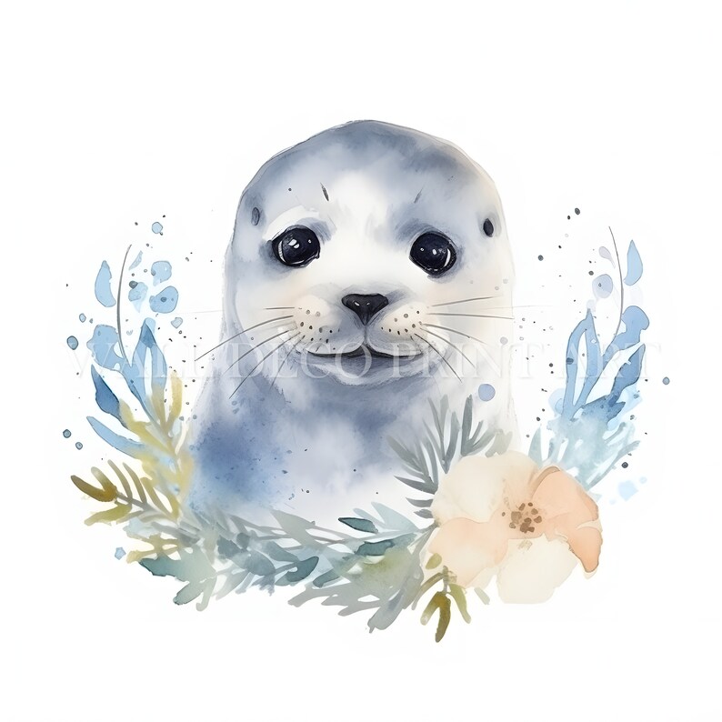 May include: A watercolor painting of a seal pup with a soft, blue-grey fur. The seal is surrounded by a wreath of blue and green leaves and a single peach-colored flower.