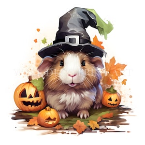 Lindo paquete de imágenes prediseñadas de conejillos de indias para Halloween: 10 archivos JPG de alta calidad, descargas digitales, uso comercial, acuarela, técnica mixta, artesanía digital