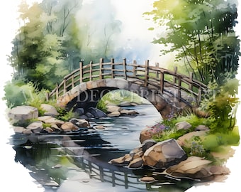 Watercolor Old Bridge Clipart Bundle - 10 High Quality JPGs - Digital Downloads - Commercial Use, Watercolor, Mixed Media, Paper Craft