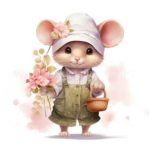 Bundle de cliparts mignon fleur de printemps souris-10 JPG haute qualité-téléchargement numérique-usage commercial, aquarelle, techniques mixtes, papier numérique