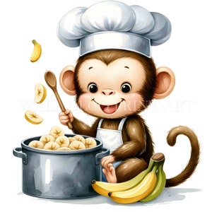 Soft Sketch Monkey & Banana Clipart-bundel - 11 hoge kwaliteit JPG - digitale download - Commercieel gebruik, aquarel, Mixed media, Digital Craft