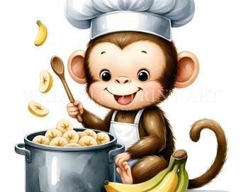 Pakiet Soft Sketch Monkey & banana Clipart - 11 wysokiej jakości obrazów JPG - Pobieranie cyfrowe - Użytek komercyjny, Akwarela, Technika mieszana, Rzemiosło cyfrowe