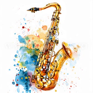 Pacote com 10 cliparts coloridos de saxofone - Imagens de alta qualidade - Download digital - Uso comercial, Arte de parede em aquarela Instrumento musical misto