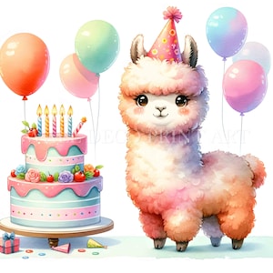 Bundle de cliparts coloré anniversaire alpaga - 10 JPG haute qualité - téléchargement numérique - artisanat en papier numérique aquarelle technique mixte à usage commercial