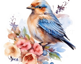 Robin Bird With Flower Clipart Bundle - 11 High Quality JPGs - Digital Downloads - Commercial Use, Watercolor, Mixed Media, Paper Craft, Mug