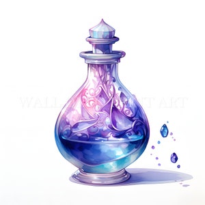 Puede incluir: Una botella de vidrio con una tapa plateada y un líquido azul y morado en su interior. La botella está decorada con intrincados diseños florales. Unas gotas de líquido caen de la botella.