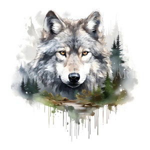 Forêt de loups double exposition Clipart - 11 JPG haute qualité - téléchargements numériques - utilisation commerciale, aquarelle, techniques mixtes, création numérique