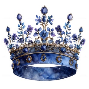 Paquete de 10 imágenes prediseñadas de coronas azules: JPG de alta calidad, descarga digital, uso comercial, acuarela, técnica mixta, manualidades con papel digital, impresión