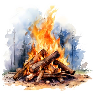 Watercolor Bonfire Clipart Bundle - 10 JPG di alta qualità - Download digitali - Uso commerciale, acquerello, tecniche miste, artigianato digitale su carta