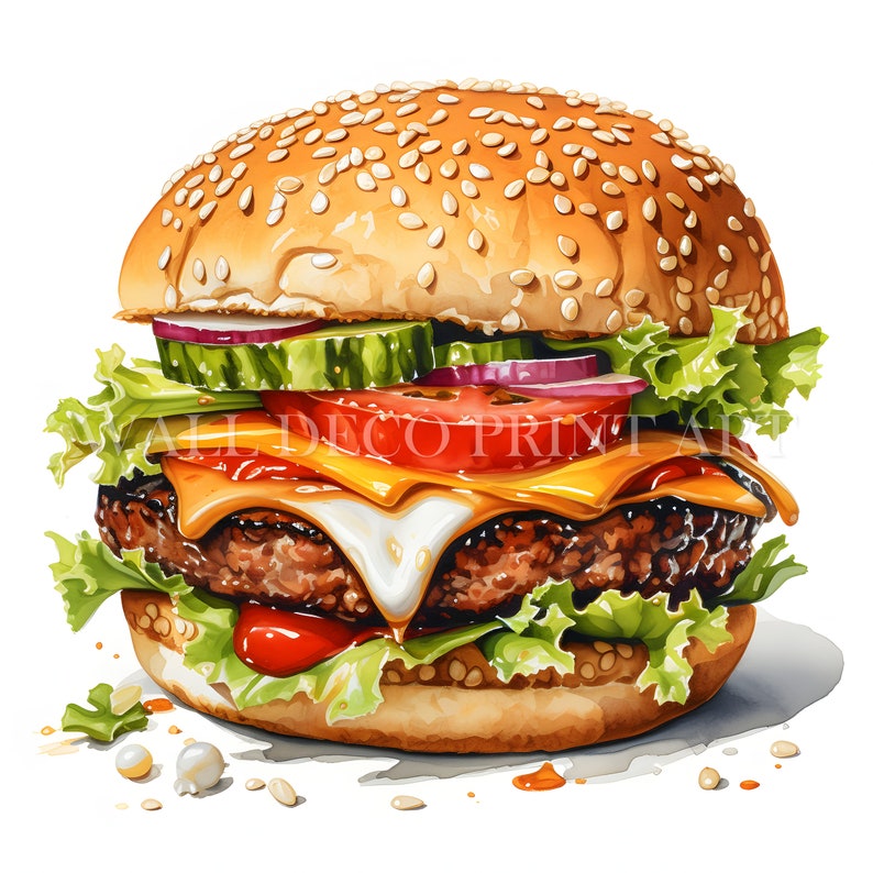 Peut inclure: Un cheeseburger juteux avec de la laitue, de la tomate, de l'oignon et du cornichon sur un pain aux graines de s&eacute;same.