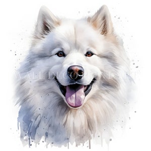 May include: A watercolor painting of a white dog with a pink tongue sticking out. The dog has brown eyes and a fluffy white coat. The background is a white watercolor wash with blue and gray splatters.