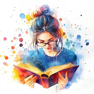 Bundle de 12 cliparts livre fille hipster - Image haute qualité - téléchargement numérique, usage commercial aquarelle technique mixte, papier imprimable