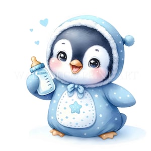Baby Penguin and Bottle Clipart Bundle - 10 High Quality Images - Digital Download - Commercial Use Watercolor Mixed Media Digital Craft