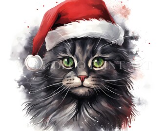 Jul Svart Katt Clipart Bundle - 10 högkvalitativa JPG - Digitala nedladdningar - Kommersiellt bruk, Akvarell, Blandteknik, Digitalt Papperspyssel