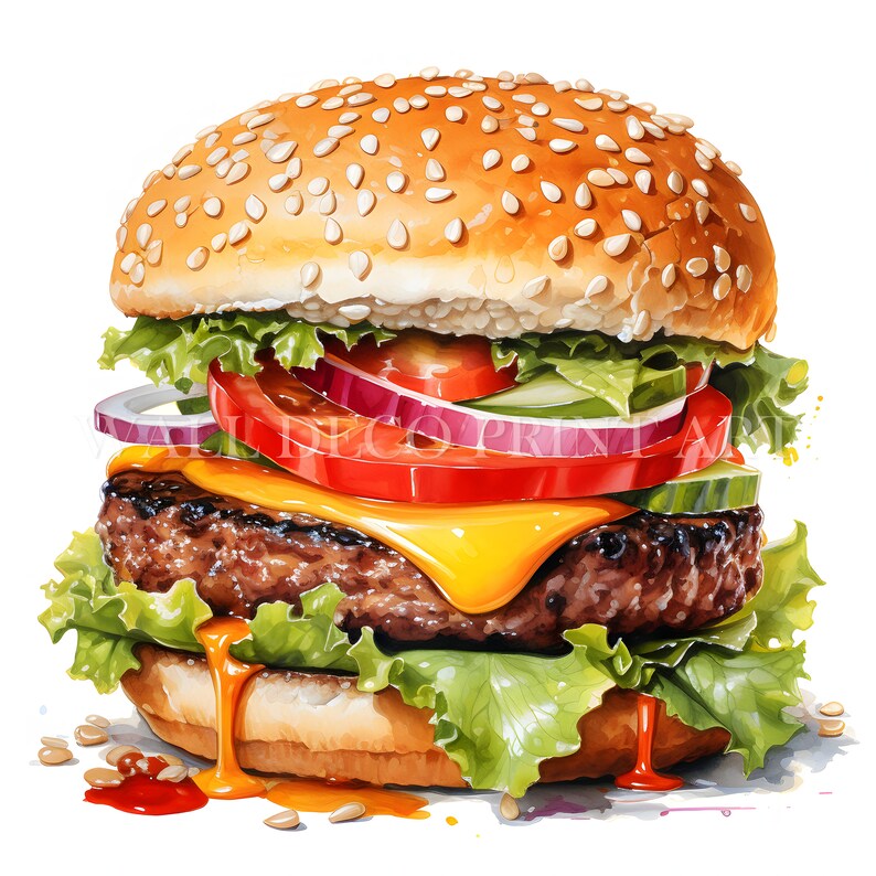 Peut inclure: Un hamburger juteux avec un pain au s&eacute;same, de la laitue, de la tomate, de l'oignon, du concombre et du fromage fondu. Le hamburger d&eacute;gouline de sauce et a l'air d&eacute;licieux.