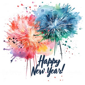 Paquete de imágenes prediseñadas de Feliz Año Nuevo a todo color: 10 archivos JPG de alta calidad, descargas digitales, uso comercial, acuarela, técnica mixta, manualidades digitales