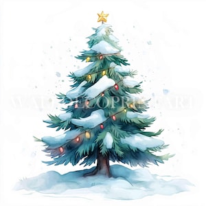 10 Albero di Natale con neve Clipart Bundle - JPG di alta qualità - Download digitale - Uso commerciale, Acquerello, Tecnica mista, Carta digitale