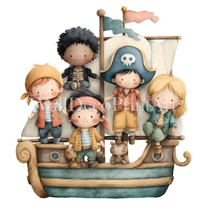 Conjunto de 15 imágenes prediseñadas de piratas infantiles - Imágenes de alta calidad - Descarga digital - Uso comercial - Acuarela - Medios imprimibles - Manualidades digitales en papel