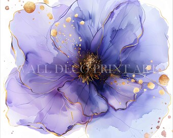 水彩画 花 紫と黄色 紫と金の抽象的な花のクリップアートバンドル - 10の高品質JPG