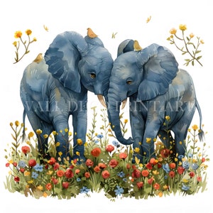 Bundle de cliparts couple bel éléphant - 10 fichiers JPG de haute qualité - téléchargements numériques - usage commercial, aquarelle, techniques mixtes, papier numérique
