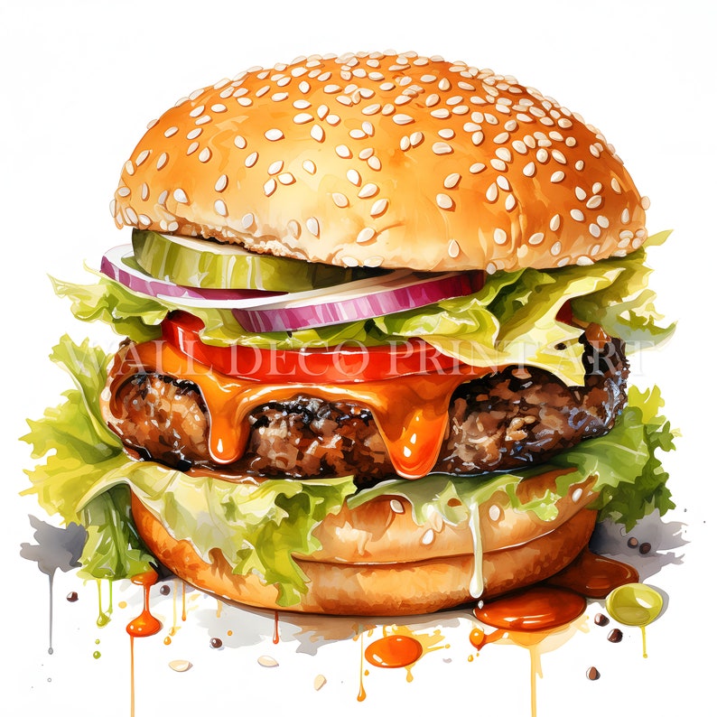 Peut inclure: Un hamburger juteux avec de la laitue, de la tomate, de l'oignon et du cornichon, recouvert d'une sauce au fromage fondue. Le hamburger est sur un pain aux graines de s&eacute;same et entour&eacute; d'&eacute;claboussures de sauce color&eacute;es.