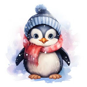 Christmas Penguin Clipart Bundle - 1 PNG & 9 High Quality JPG - Digital Downloads - Commercial Use, Watercolor, Mixed Media, Digital Craft
