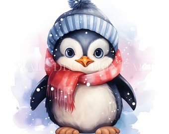 Puede incluir: Un lindo pingüino de dibujos animados que lleva un gorro a rayas azul y blanco con un pompón blanco y una bufanda roja. El pingüino está de pie sobre un fondo nevado.
