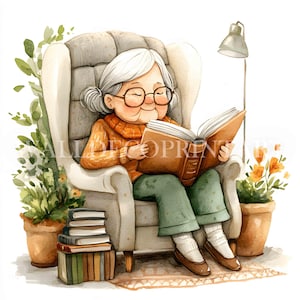10 imágenes prediseñadas de abuela leyendo: archivos JPG de alta calidad, descargas digitales, uso comercial, acuarela, medios imprimibles, manualidades digitales en papel, arte