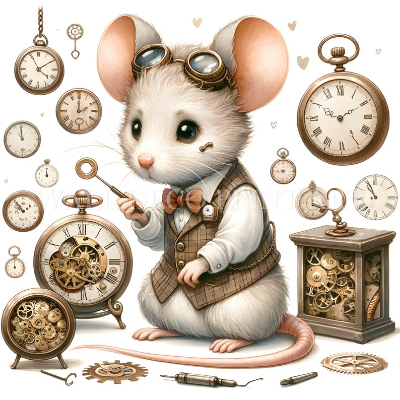 Mouse With Clock Cute Steampunk Mouse Clipart Bundle - 13 High Quality Images - Digital ...