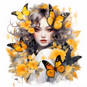 Paquete de imágenes prediseñadas de hermosas niñas con mariposas y flores: 14 archivos JPG de alta calidad, descargas digitales, uso comercial, acuarela, técnica mixta