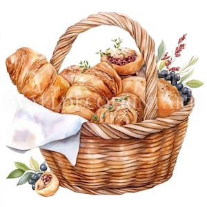 14 Korb voller Gebäck Clipart Bundle - 10 hochwertige JPG - Digital Download - Kommerzielle Nutzung Aquarell Mixed Media Digitales Papier Handwerk