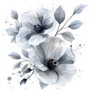 Weiß & Silber abstrakte Blumen Clipart Bundle - 10 hochwertige JPGs - Digitaler Download - Kommerzielle Nutzung, druckbare Aquarell Kunst, Digital