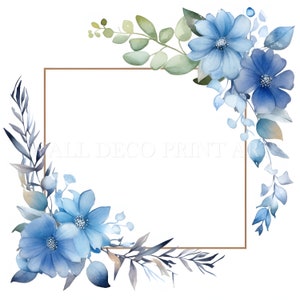 Couronne botanique carrée des cliparts BLEU - 10 fichiers JPG de haute qualité - aquarelle, téléchargement immédiat pour un usage commercial, couleurs vives, créations artisanales en papier