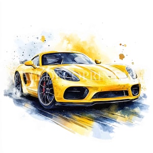 K&ouml;nnte beinhalten: Ein gelber Sportwagen mit schwarzen R&auml;dern und schwarzem Innenraum, im Aquarell-Stil mit gelbem und blauem Hintergrund gemalt.
