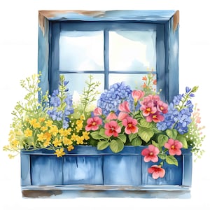 Blumige Fensterbox 2 Clipart-Bundle - 12 hochwertige JPGs - Digitale Downloads - Kommerzielle Nutzung, Aquarell, Mischtechnik, Papier, Papier, Handwerk