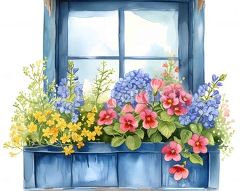 Flowery Window Box 2 Clipart Bundle - 12 High Quality JPGs - Digital Downloads - Commercial Use, Watercolor, Mixed Media, Paper Paper Craft