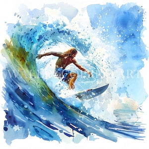10 Surfing Surfer Clipart Bundle - Wysokiej Jakości JPG - Pobieranie Cyfrowe - Użytek Komercyjny, Akwarela, Mixed Media, Cyfrowe Rękodzieło Papierowe