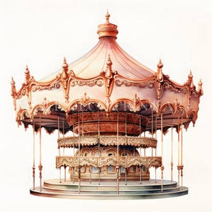 Puede incluir: Un carrusel vintage con una cubierta blanca y dorada, tallas intrincadas y dos niveles de asientos. El carrusel está pintado en tonos marrones y dorados, con una base blanca.