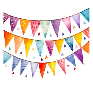 Clipart de banderines de fiesta coloridos - 9 archivos JPG de alta calidad - Descargas digitales - Uso comercial, acuarela, técnica mixta, manualidades de papel digitales, taza