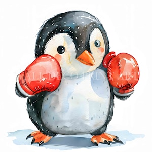 Lindo paquete de imágenes prediseñadas de pingüino boxeador: 10 archivos JPG de alta calidad, descargas digitales, uso comercial, acuarela, técnica mixta, manualidades con papel digital