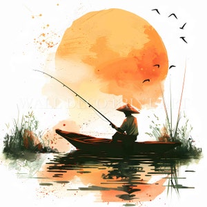Pescatore sulla barca Clipart Bundle - 10 immagini di alta qualità - Download digitali - Uso commerciale, acquerello, tecniche miste, artigianato digitale su carta