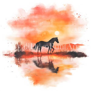 10 Horse in Sunset Clipart Bundle - JPG di alta qualità - Download digitale - Carta stampabile per acquerello e tecniche miste per uso commerciale