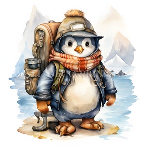 Lot de cliparts mignon pingouin aventuriers - 11 fichiers JPG de haute qualité - téléchargement numérique - usage commercial, aquarelle, techniques mixtes, création numérique