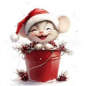 Cute Christmas Mouse in Bucket Clipart Bundle - 10 High Quality JPG - Digital Downloads - Commercial Use, Watercolor, Mixed Media Digital