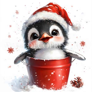 Pingouin de Noël dans un seau de cliparts - 10 fichiers JPG haute qualité - téléchargements numériques - usage commercial, techniques mixtes aquarelle, créations numériques